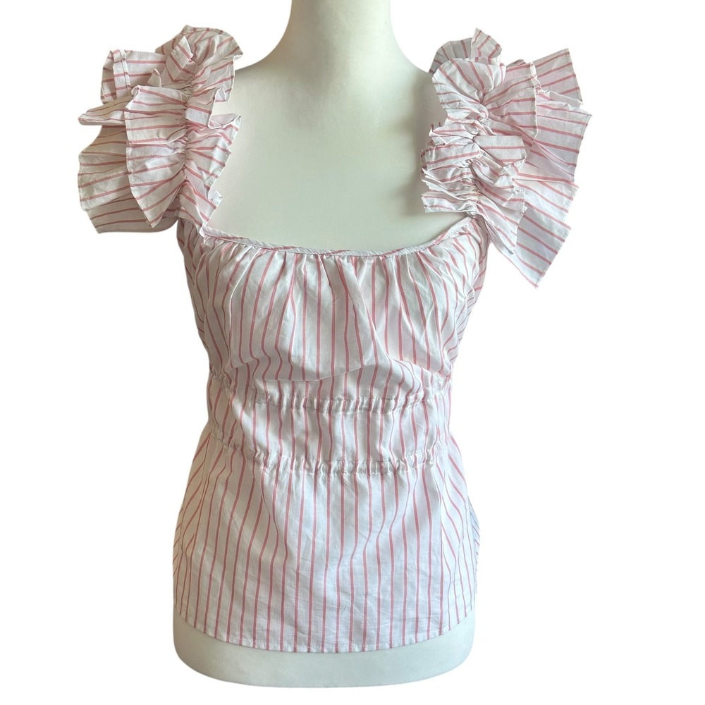 Harshman Top NWT Medium Pink & White Alize Cotton Linen Blend Ruffle  Sleeve‎